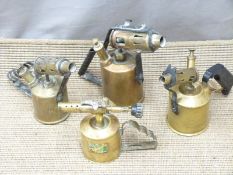 Four various brass blow lamps comprising Burmos, Sievert, Monitor and Bladon