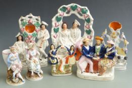 Staffordshire figures, flatbacks and spill vases, pair of German figures etc, tallest 26cm