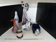 Lladro figure of a girl with flowers, Nao clown, Florence dancer, Royal Doulton jug etc, tallest