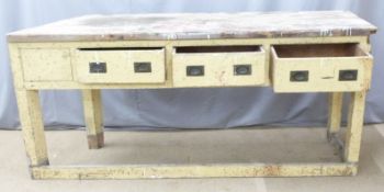 Painted pine three drawer sideboard or workbench, W214 x D54 x H98cm