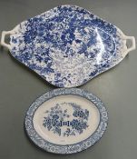 19thC porcelain twin handled lozenge shaped blue and white tray decorated with flowers, two