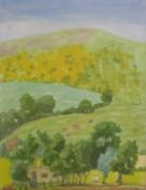 Diana Lodge watercolour landscape with caravan and hills beyond, signed lower right, believed to