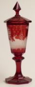Bohemian flash overlaid covered pedestal goblet with etched scene of stags in a landscape, 35cm