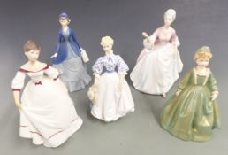 Royal Doulton figurine Diana, four Royal Worcester figurines including Autumn Song, Morning Walk
