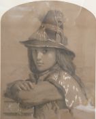 G Ashford pencil drawing with highlights depicting a boy with feathered hat leaning on a wall carved