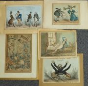 Five 19thC hand coloured engravings comprising three William Heath (1795-1840) satirical etchings