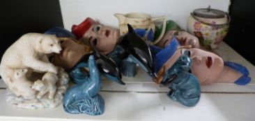 Vintage/retro figural wall plaques, Carltonware biscuit barrel, Aynsley polar bears, Poole pottery