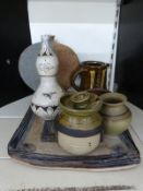 Collection of Studio pottery including Winchcombe style slipware vase with Gloucestershire Guild