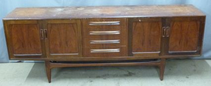 G plan retro teak sideboard with four drawers flanked by cupboards, W 213 x D 46 x H 79cm