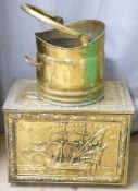 Brass coal box with embossed ship to lid width 44cm together with a brass coal hod