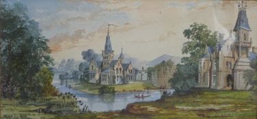 C. Manton 19th/20thC watercolour landscape of a chateau beside a river, signed lower right,19 x
