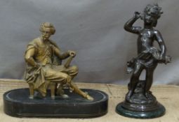 Bronze of a boy holding a basket of fruit, on green marble base, height 39cm together with a gilt