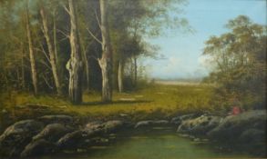 Oil on canvas, rural scene with pond and beech trees, 41 x 69cm