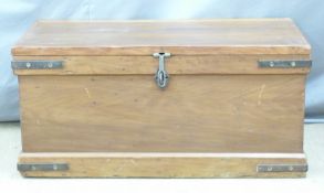 Wooden tool chest or travelling trunk, W89 x D45 x H42cm together with a press etc