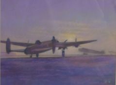 Andrew Quelch (b 1969) pastel of WWII or similar bomber aircraft on the ground, initialled lower