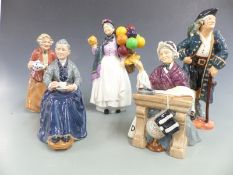 Five Royal Doulton character figures including Long John Silver, The Cup of Tea, Teatime, Biddy
