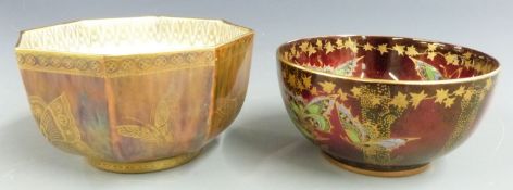Two lustre ware pedestal bowls by Crown Devon Fieldings and Wedgwood, tallest 7cm