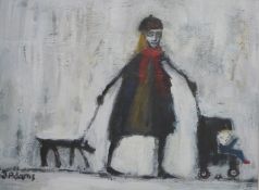 James Newton Adams (b1971) acrylic 'Yummy Mummy' lady with dog and baby in pushchair, signed lower