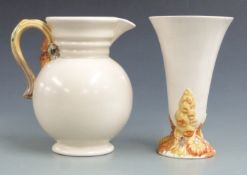Clarice Cliff jug and vase relief moulded with flowers, tallest 23cm