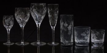 A suite of Stuart Crystal drinking glasses with cut and engraved decoration comprising thirteen