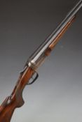 AYA Yeoman 12 bore side by side shotgun with chequered semi-pistol grip and beavers tail forend,