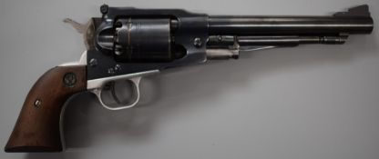 Ruger Old Army .44 six shot single action revolver with monogrammed wooden grips, engraved frame and