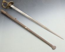 A 19thC Heavy Cavalry sword with modified guard, 98cm double fullered blade and metal scabbard