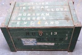 A vintage tool chest with sliding drawer interior and shipping labels, vintage painted teak or
