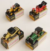 Four Corgi Classics diecast model vehicles 1927 Bentley 9001, 1915 Ford 9012, 1910 Daimler 9021