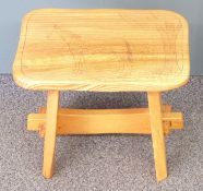 Peg jointed light elm side table / stool with pokerwork horse decoration and a brass four-division