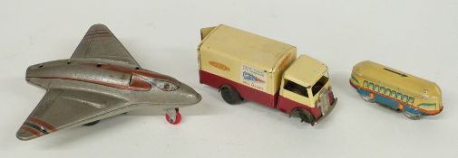 Three tinplate toys comprising Tri-ang Minic clockwork British Railways lorry, Wells Brimtoy
