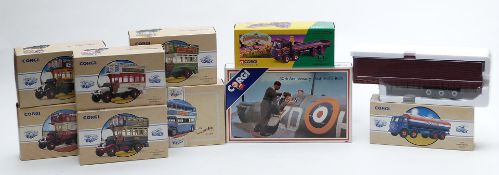 Ten Corgi diecast model vehicles comprising five Thornycroft buses, Regent Foden Tanker,
