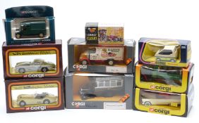 Nine Corgi diecast model vehicles including Classics, Motoring Memories, 50's Classics, Minissima