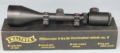 Walther 3-9x56 rifle scope 2.1503 with scope mounts, in original box.