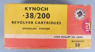 Nineteen Kynoch .38/200 revolver cartridges together with 15 empty cases, in original box PLEASE