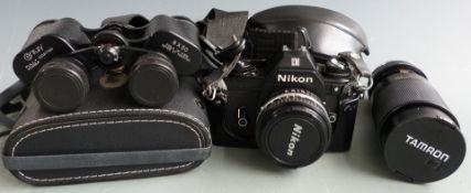 Nikon EM SLR camera with Series E 50mm 1:1.8 lens, Tamron 80-210mm 1:3.8 lens, pair of Century