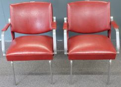 Pair of metal framed red faux leather upholstered barber's chairs, H85cm