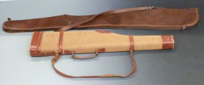 Leather and canvas leg of mutton shotgun case with shoulder strap (85cm long) together with a wool