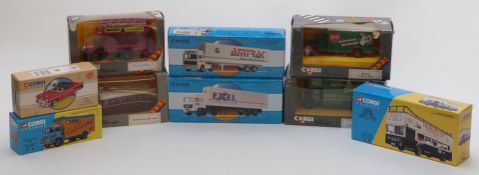 Nine Corgi and Corgi Classics diecast model vehicles including buses, lorries, vans, Chicago Fire