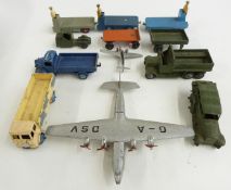 Eleven Dinky Toys and Supertoys diecast model commercial and military vehicles including aeroplanes,