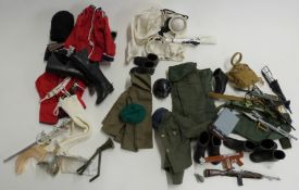 A collection of Palitoy Action Man action figure doll outfits and accessories including Household