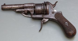 7mm six-shot double action pinfire revolver with unusual sliding mechanism, folding trigger,