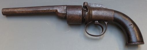 English 54 bore transitional style six-shot double action revolver with engraved bar hammer,