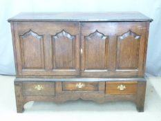Georgian oak mule chest with panelled decoration, three straight drawers and shaped apron, H103 x