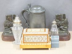 Hallmarked silver mounted cut glass sifters, James Dixon & Son pewter tankard with ruby cut glass