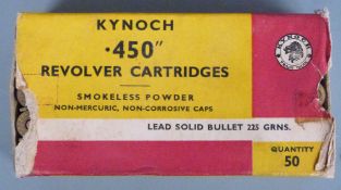 Eighteen Kynoch .450 and nine .455 revolver cartridges, in Kynoch box PLEASE NOTE THAT A VALID