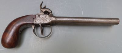 Double barrelled side by side percussion hammer action pistol with engraved lock, trigger guard