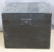 A metal-bound painted wood trunk with label to lid 'The Original Cheltenham Trunk Manufactory, W M