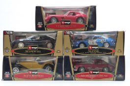 Five Burago Gold and Special Collection 1:18 scale diecast model vehicles comprising Alpine 1600S