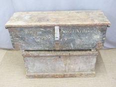 Two vintage tool chests and a collection of woodworking tools including planes, large specialist